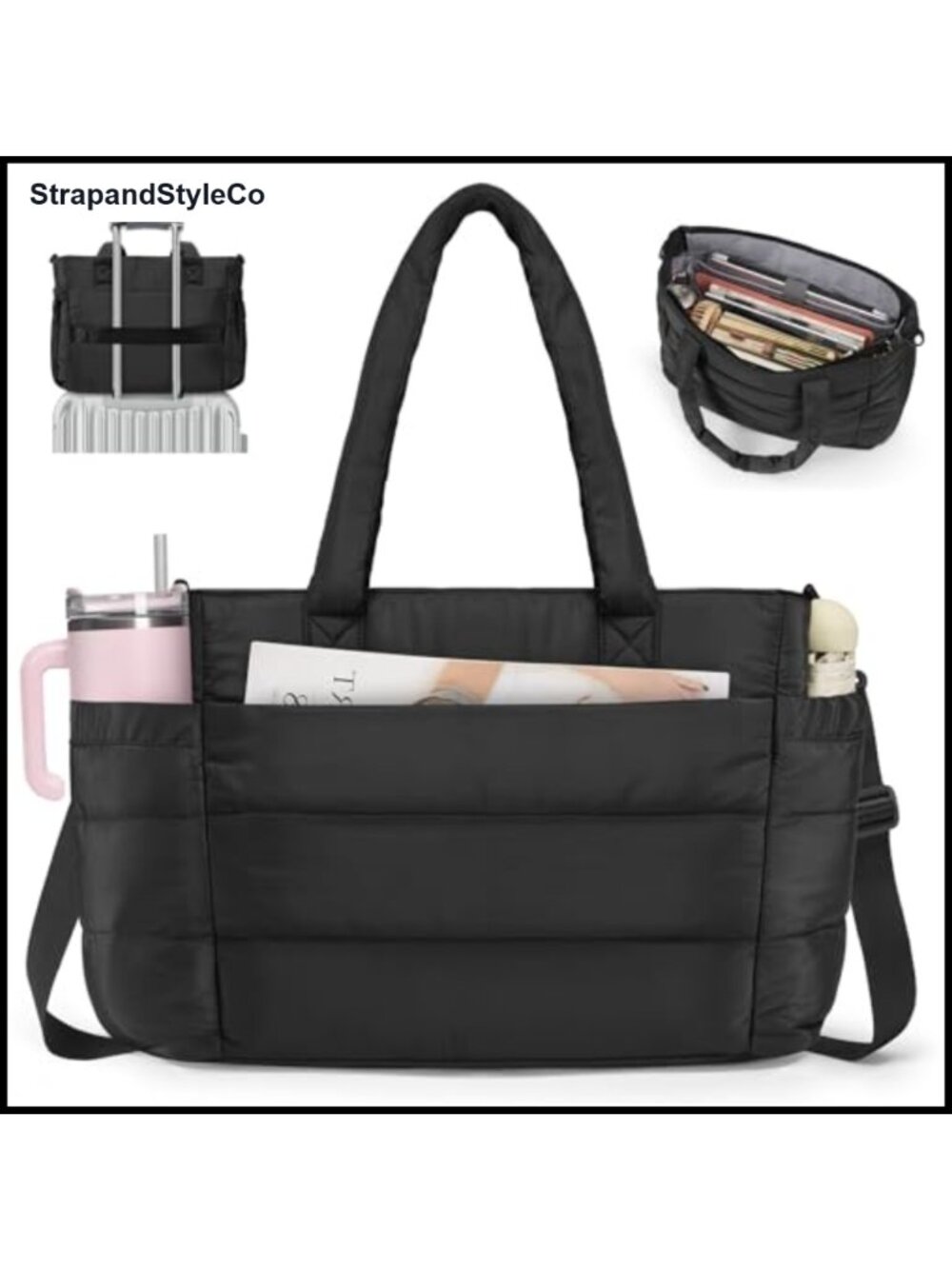 17in Quilted Puffer Tote Bag with Cup Holder & Laptop Sleeve